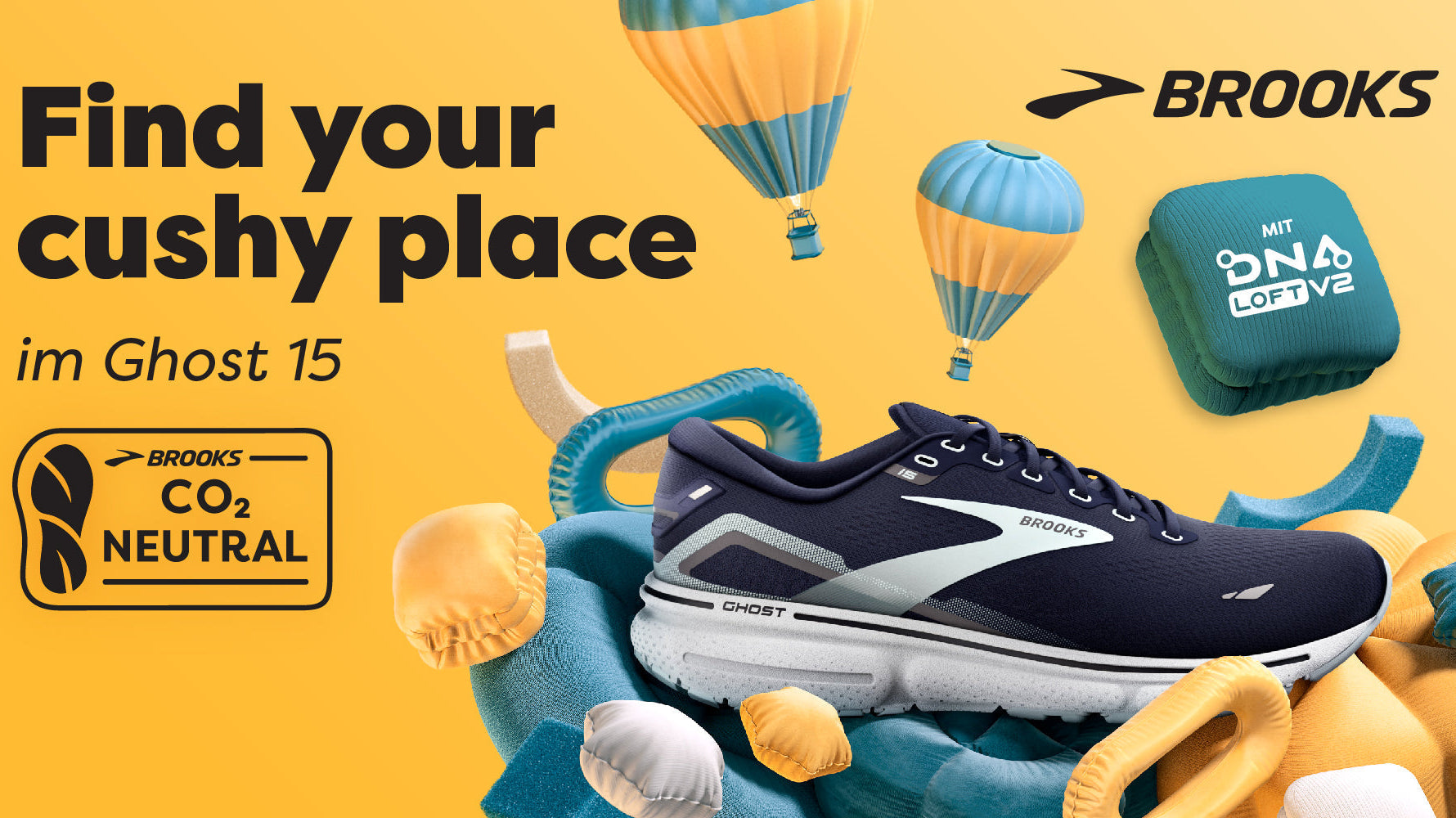 BROOKS Ghost 15 Marketing Kampagne: Der Brooks Schuh liegt auf weichem Material.