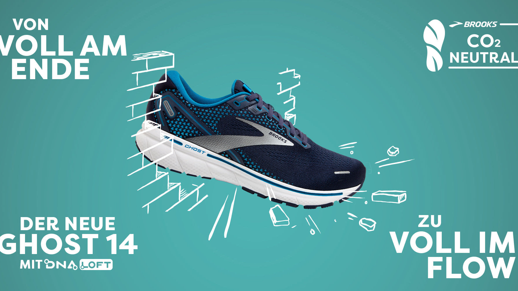 Der Brooks Ghost 14 ist in der Mitte des Bildes zu sehen.