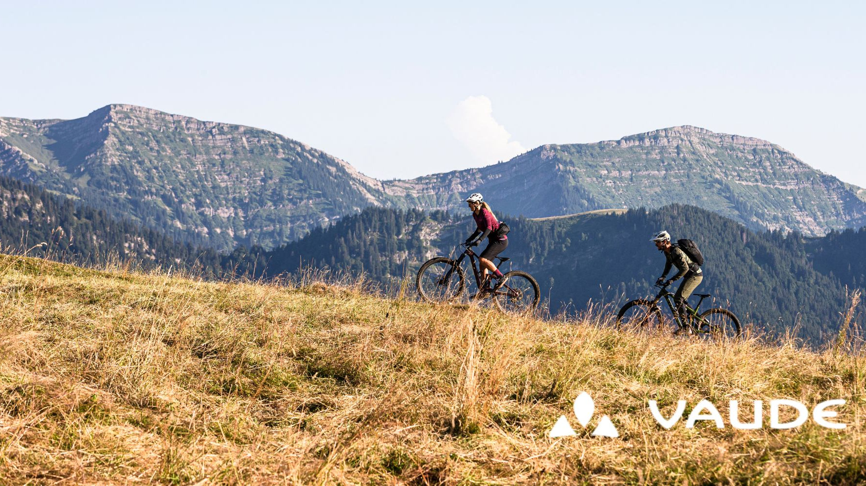 2 Personen fahren mit Mountainbikes über eine Wiese einen Berg hoch.
