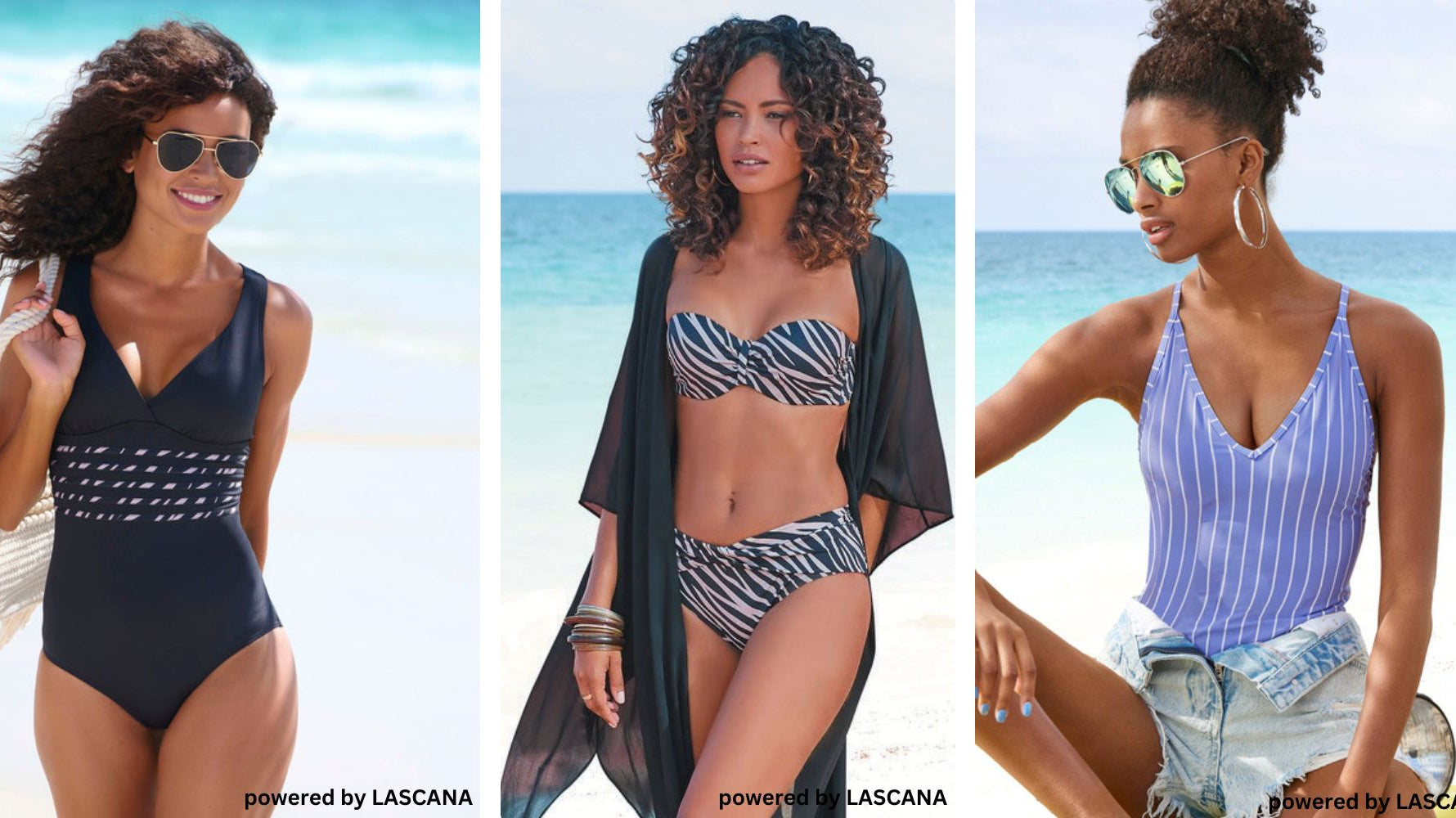 Im Bild zu sehen sind 3 Frauen, die von links nach rechts einen schwarzen Badeanzug, einen schwarzen Bikini und einen blauen Badeanzug tragen.