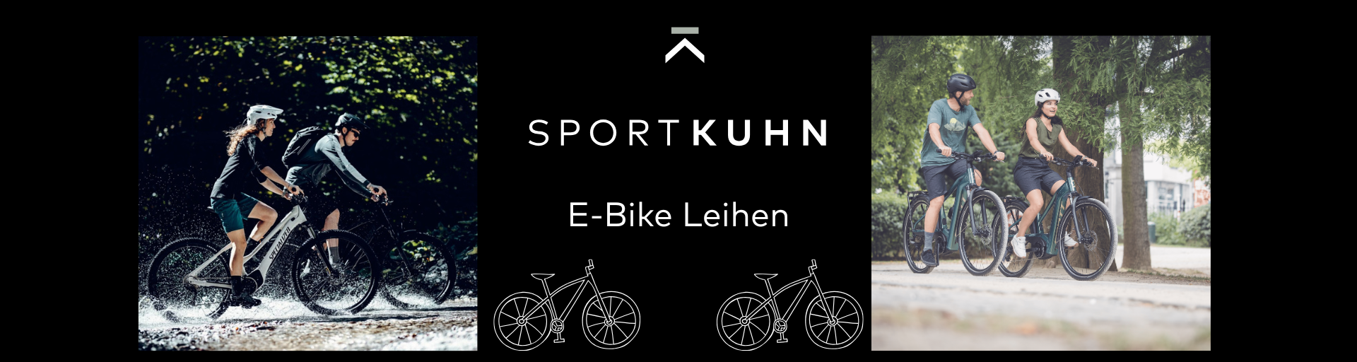links 2 Personen Mann und Frau auf Fahrrädern rechts 2 Personen Mann und Frau auf Fahrrädern mittig Sport Kuhn Logo untendrunter Text: E-Bike Leihen darunter 2 Fahrrad icons
