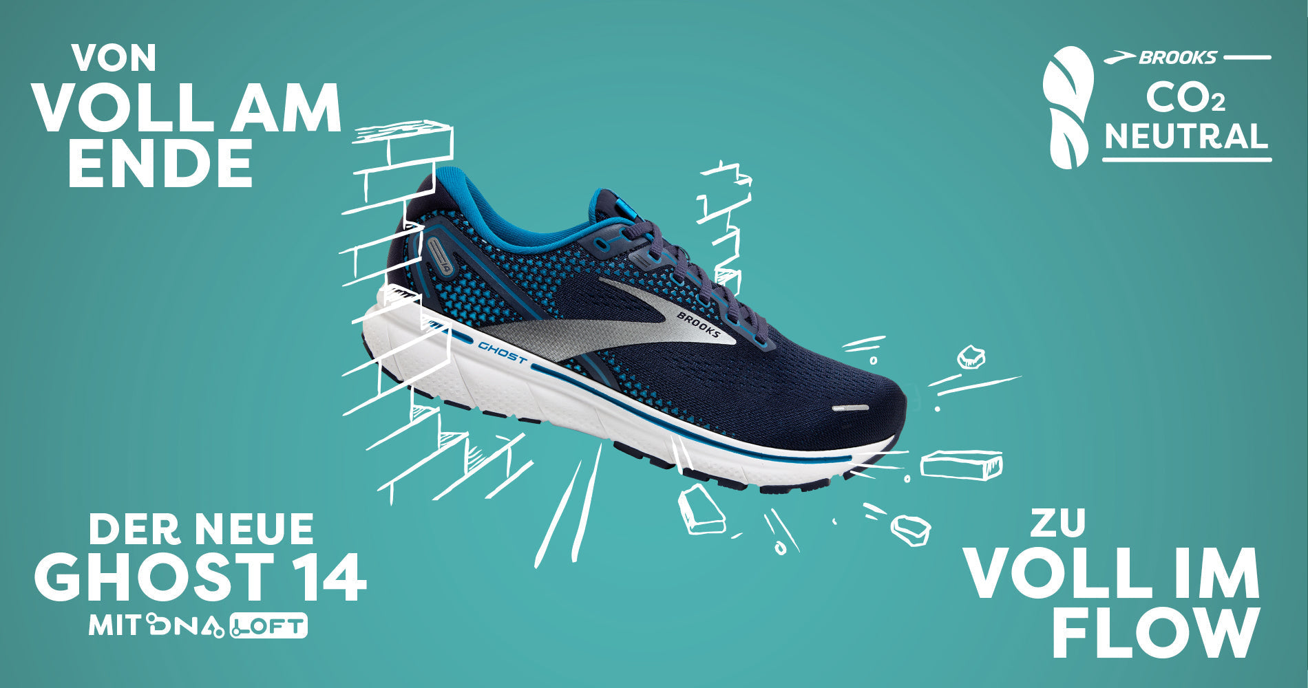 Der Brooks Ghost 14 ist in der Mitte des Bildes zu sehen.