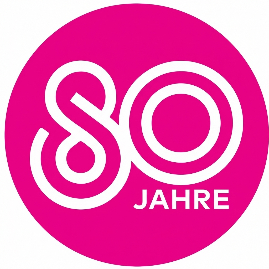 Pinker Kreis mit 80 Jahre im Kreis in weißer Schrift.