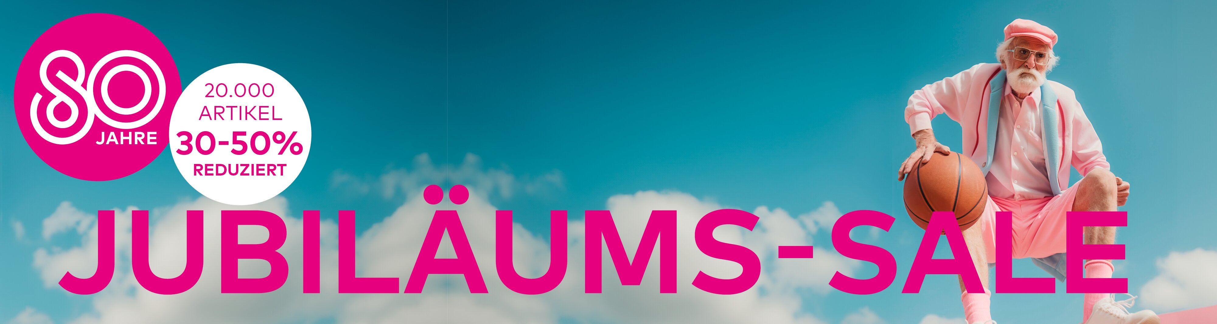 Werbebanner zum Jubiläums-Sale. Zu sehen ist ein älterer Mann in einem pinken Outfit inklusive pinker Mütze.