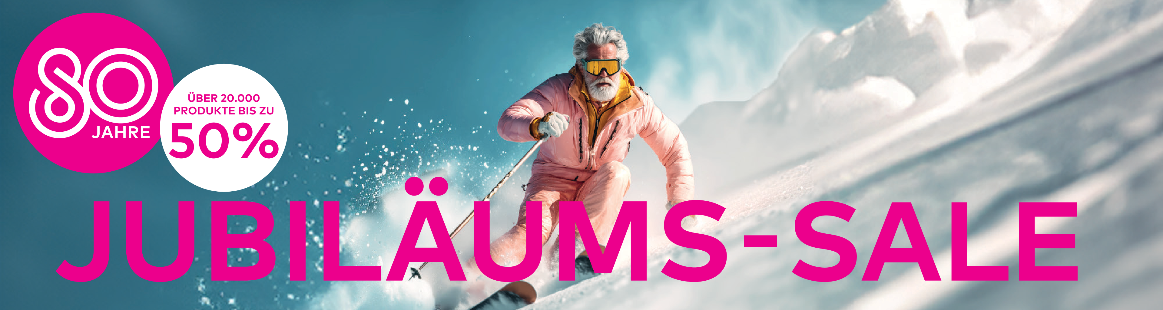 Jubiläums-Banner, ein älterer Herr fährt auf Ski in einer pinken Jacke die Piste runter.