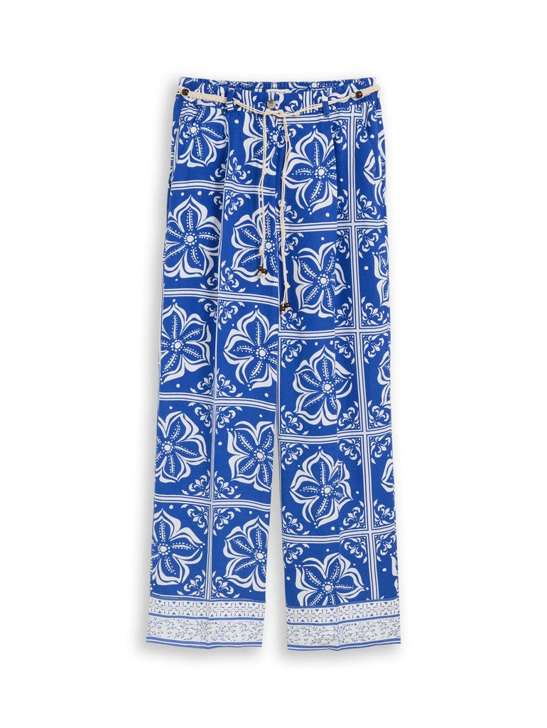 TOM TAILOR CASUAL WOMEN linen wide leg pants Freizeithosen TOM TAILOR CASUAL WOMEN blue flower tile design 34/30